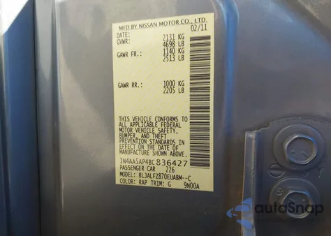 2011 Nissan Maxima 3.5 Sv z USA, uszkodzony, nr VIN 1N4AA5AP4BC836427